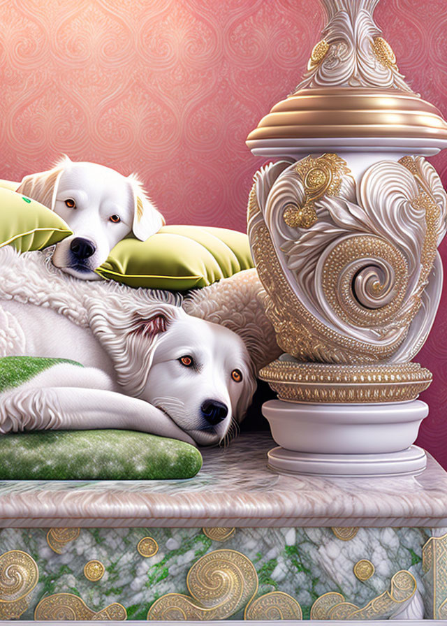 Two Dogs Resting Near Decorative Vase on Pink Background