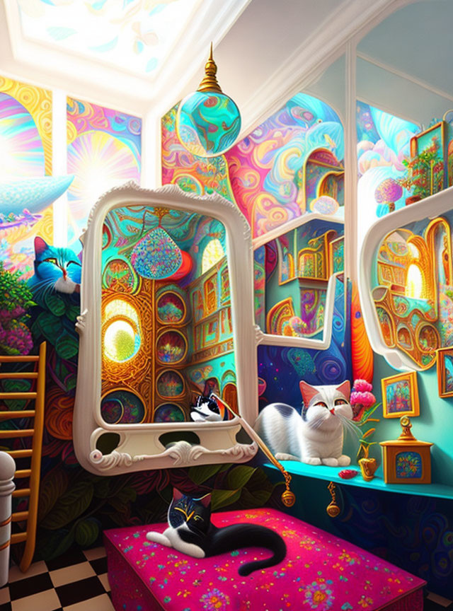 Colorful Patterned Room with Stained Glass Windows, Cats, Mirror & Ornate Decor