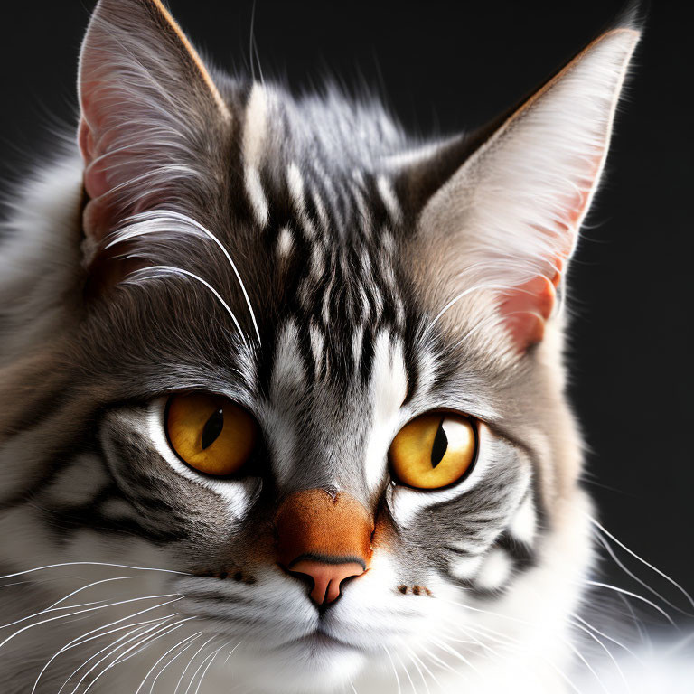 Grey Tabby Cat with Amber Eyes and Striped Fur on Dark Background