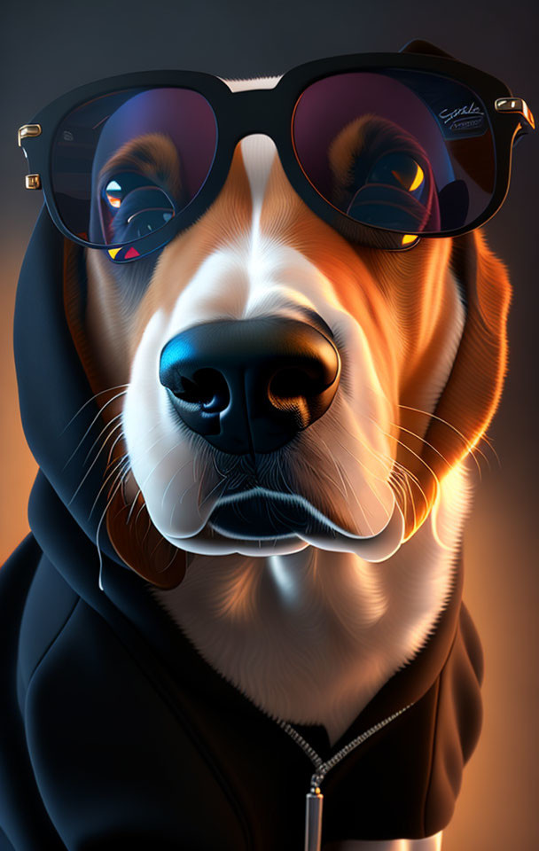 Stylized digital artwork: Beagle in sunglasses and hoodie