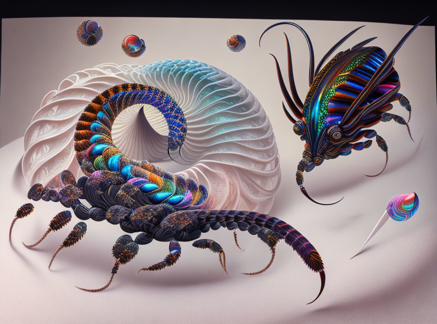 Vibrant digital artwork: Colorful caterpillar and fantastical fish in surreal scene