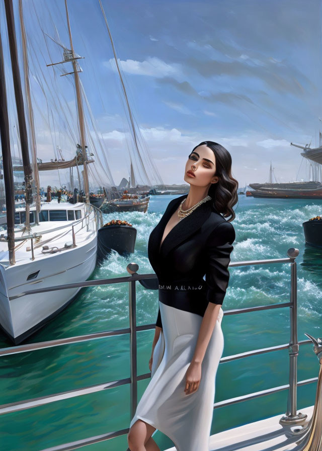 Stylish woman in black blazer and white skirt at marina with sailboats