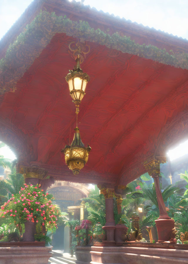 Red Canopy Lantern Casting Sunlight on Lush Patio