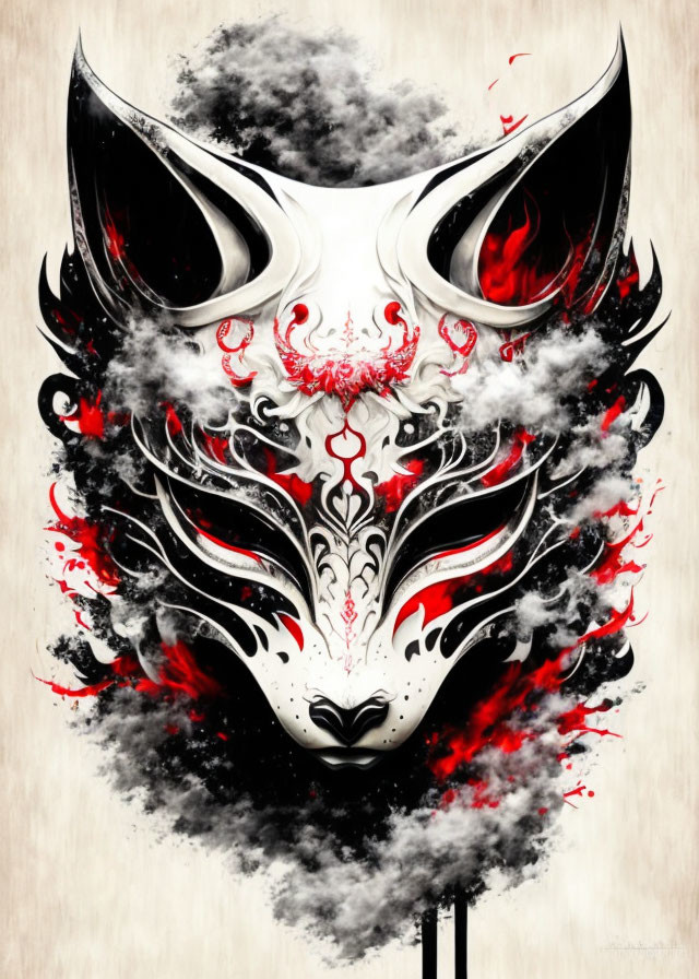 Fox face with white and red patterns in black and red smoke on beige background