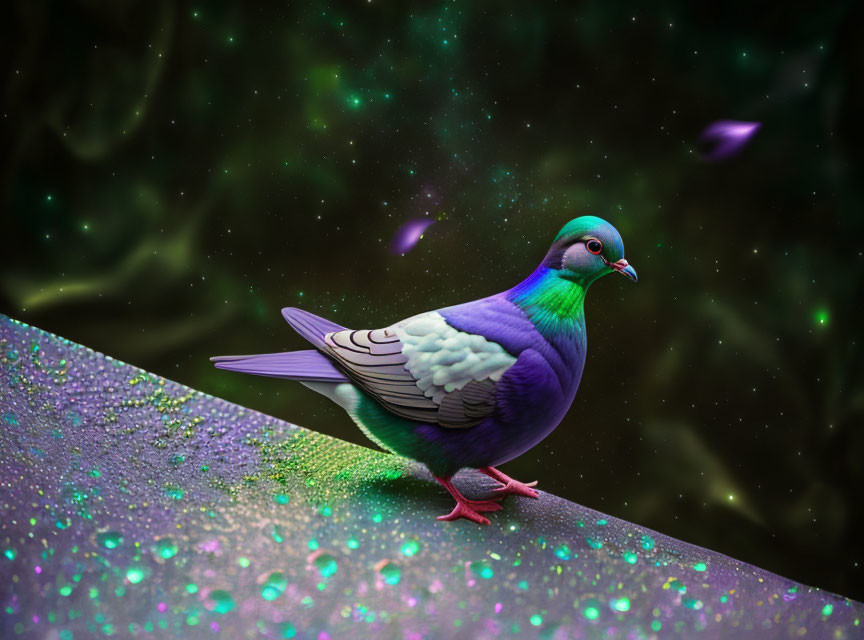 Colorful pigeon on glittery surface with starry green-tinted background