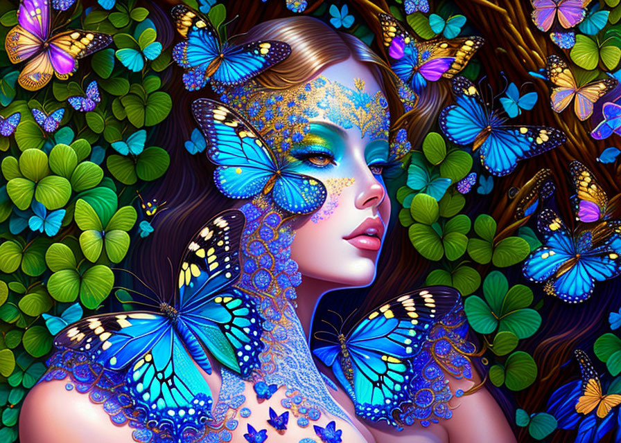 Colorful artwork: Woman with butterfly wings and hair embellished with butterflies in lush green scenery