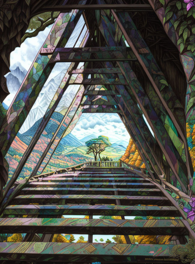 Detailed Landscape View Through Triangular Frames Displays Vibrant Mountains, Tree, and Stained Glass Patterns