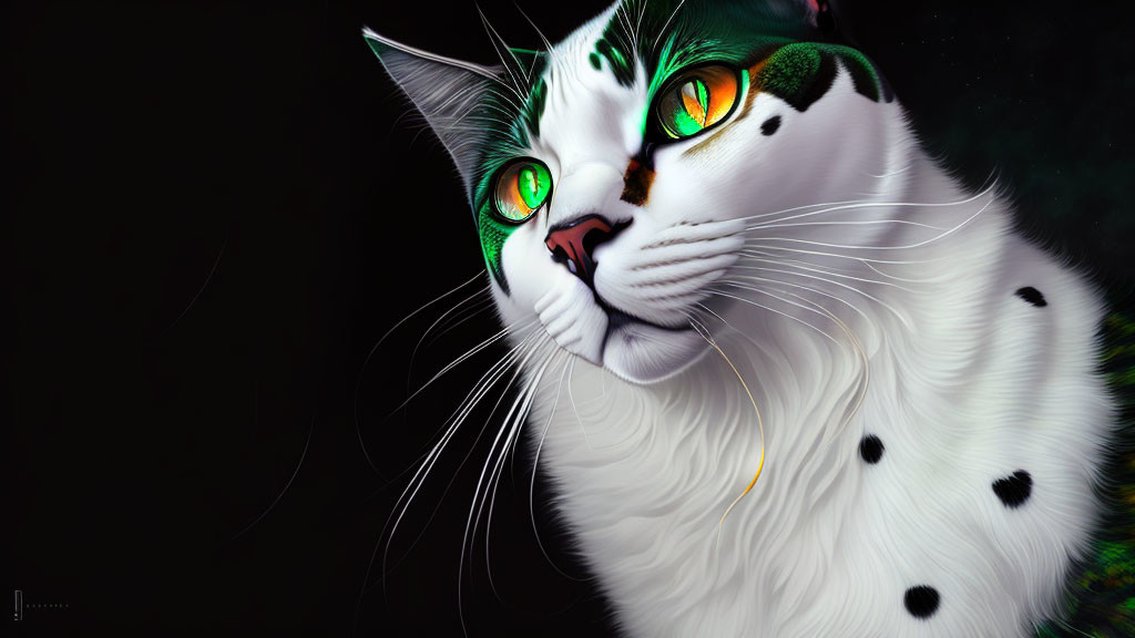 Digital artwork: White cat with green eyes, black spots, and green fur markings on dark background