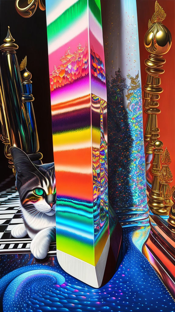 Colorful surreal artwork: Cat with gradient book on checkered floor