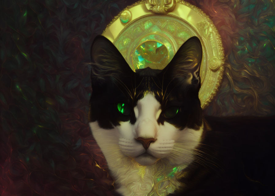 Mystical Black and White Cat with Green Eyes and Golden Halo