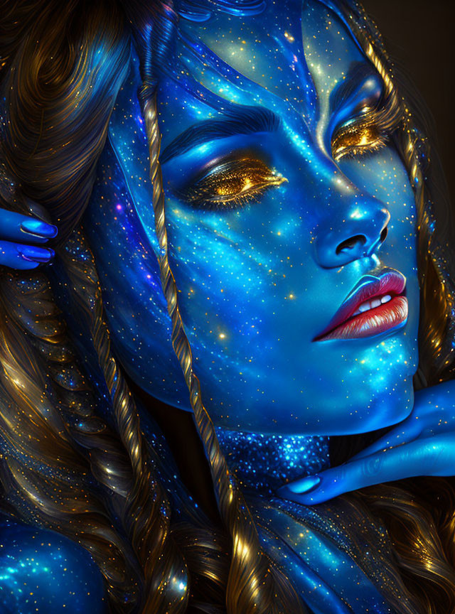 Fantasy portrait of woman with blue starry skin and galaxy hair