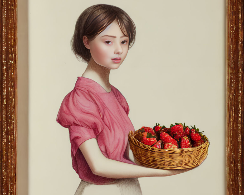 Illustrated girl with bob haircut holding strawberries in ornate beige frame