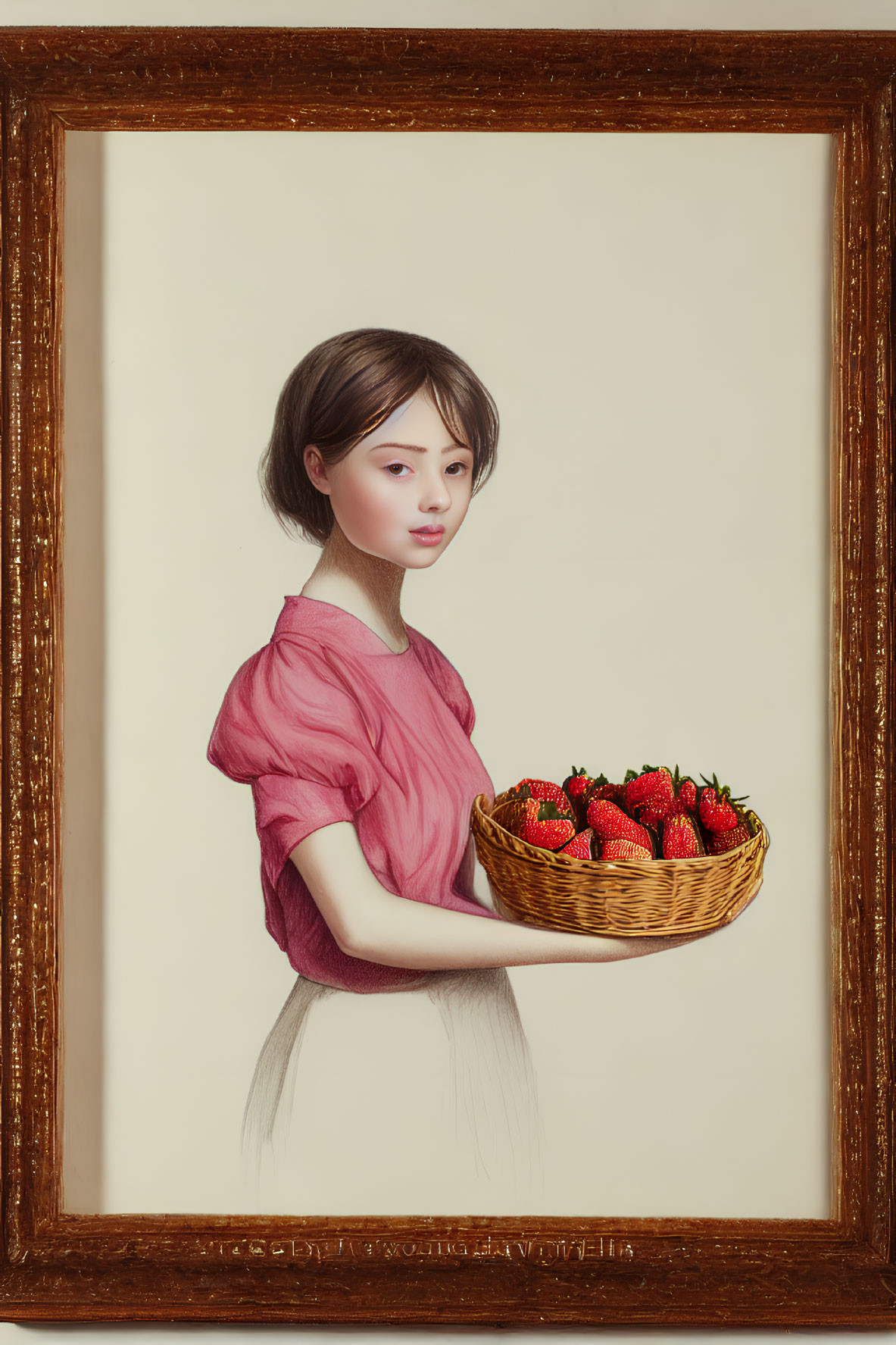 Illustrated girl with bob haircut holding strawberries in ornate beige frame