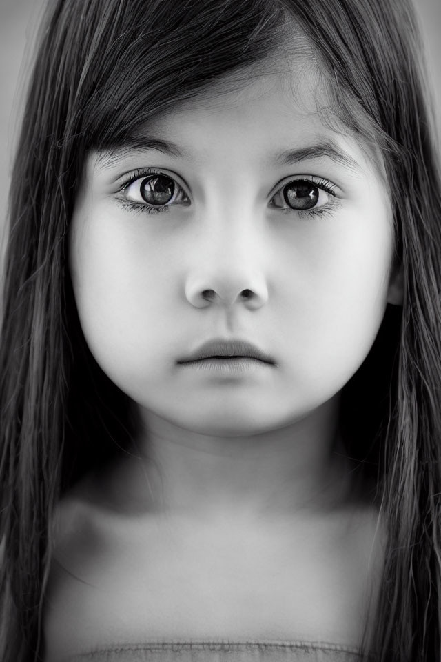 Monochrome close-up portrait of young girl with expressive eyes