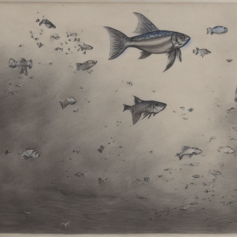 Detailed pencil sketch of fish swimming in various directions with highlighted bodies and bubbles.