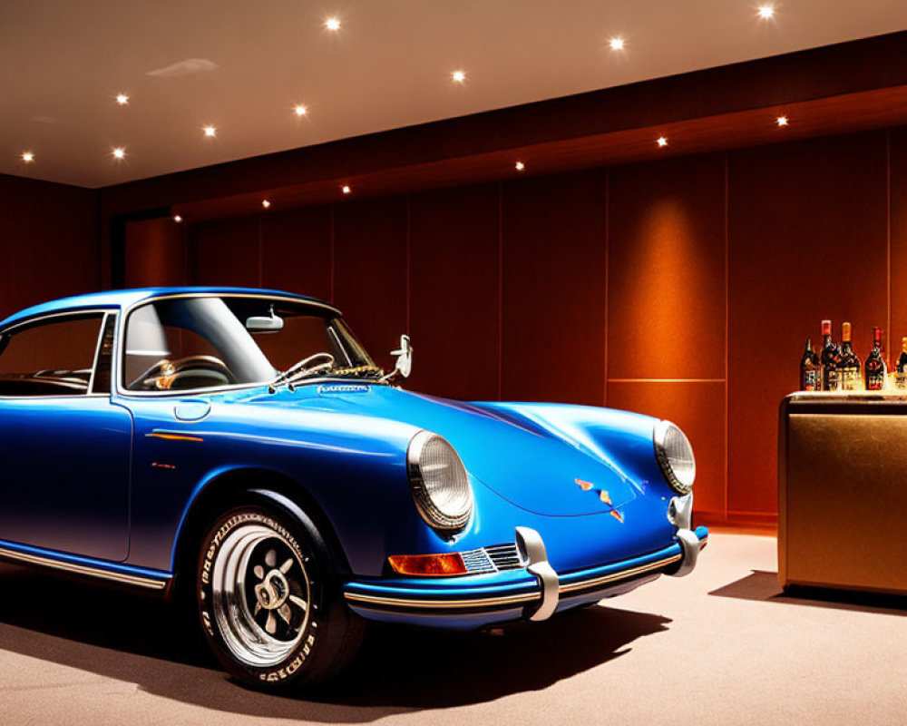 Vintage Blue Porsche in Elegant Room with Spotlights and Liquor Bottles