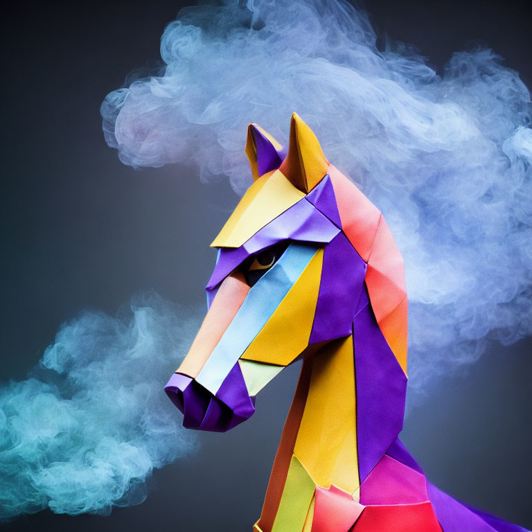 Vibrant origami horse head with swirling smoke on dark grey backdrop