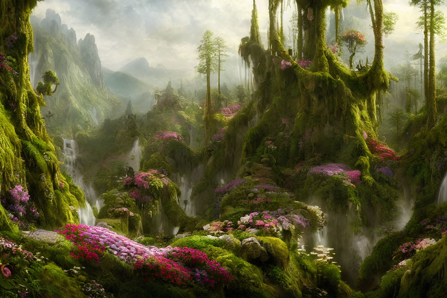 Enchanting forest scene with pink flowers, mossy trees, sunlight, and waterfalls