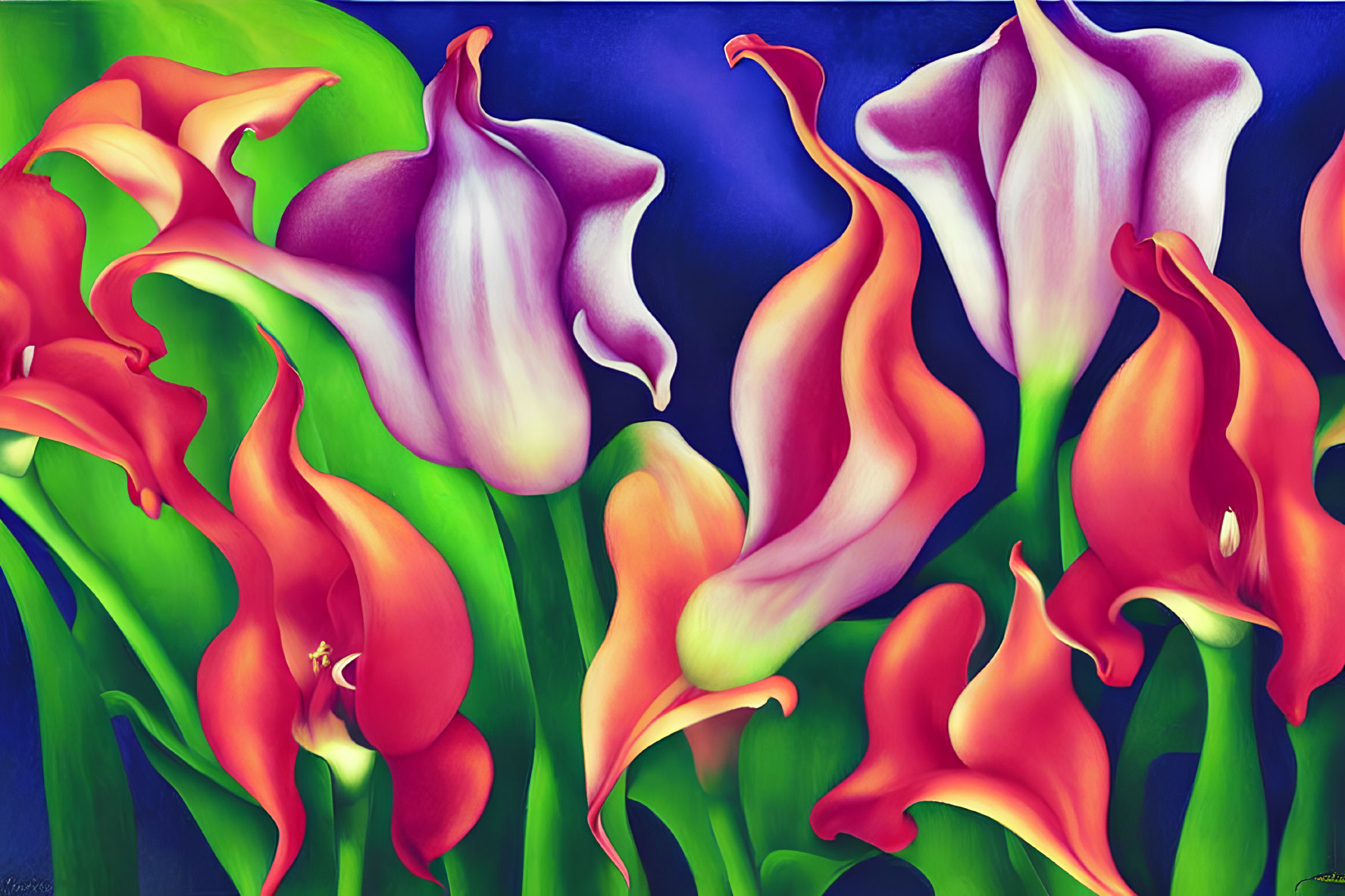 Colorful Calla Lilies Painting on Deep Blue Background