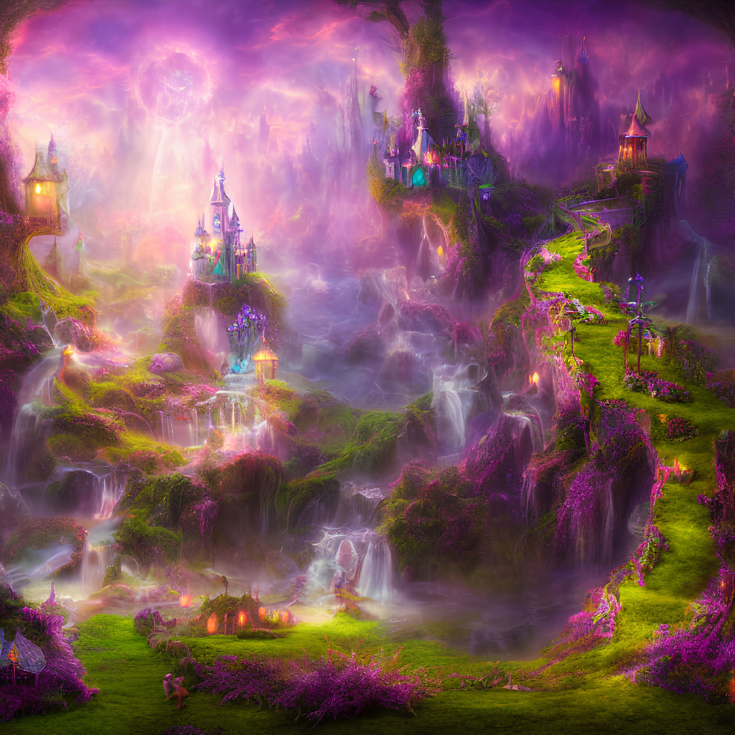 Fantastical landscape with purple hues, waterfalls, castles, and lush greenery