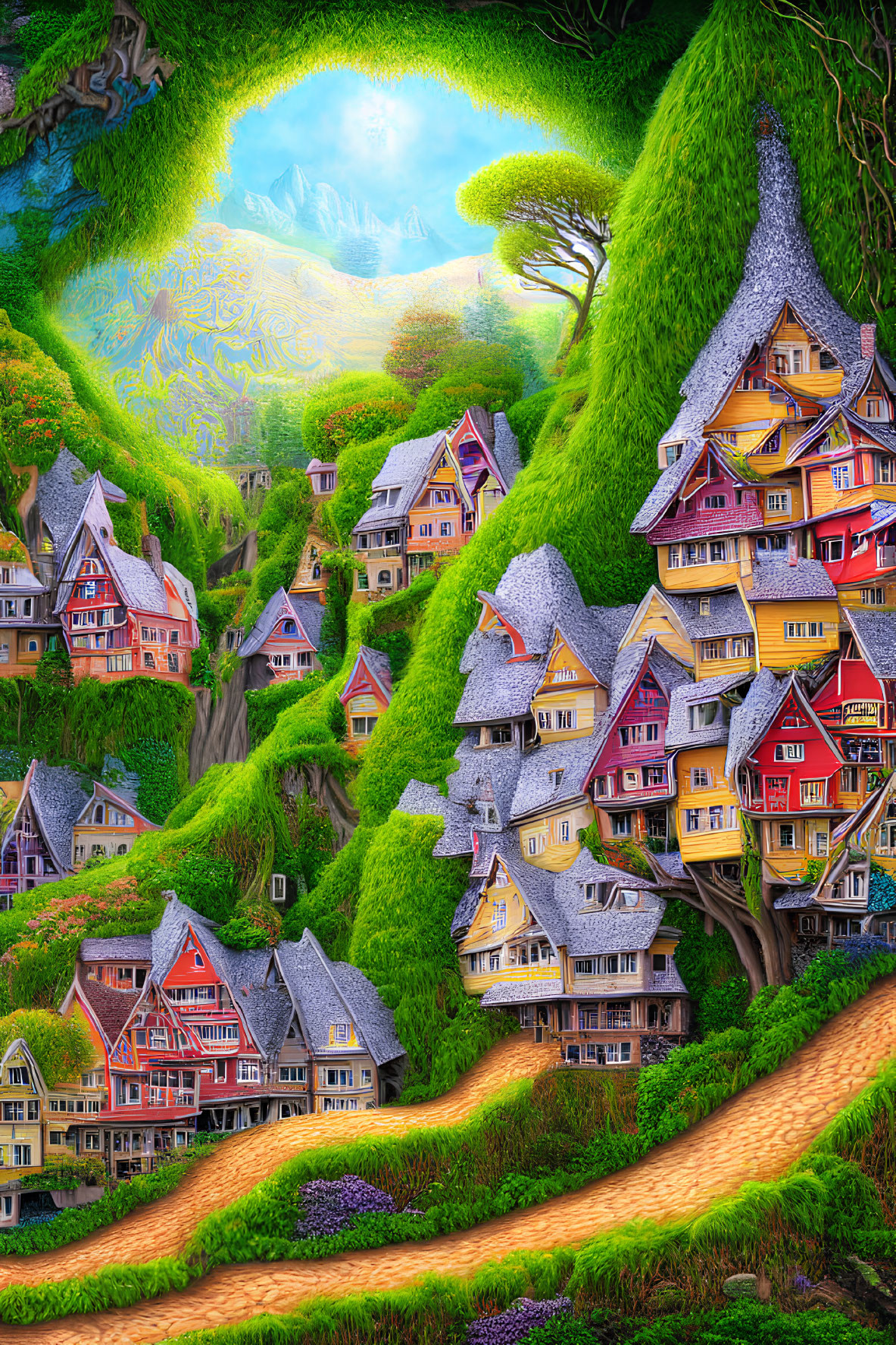 Colorful clustered houses in whimsical village on lush hillside