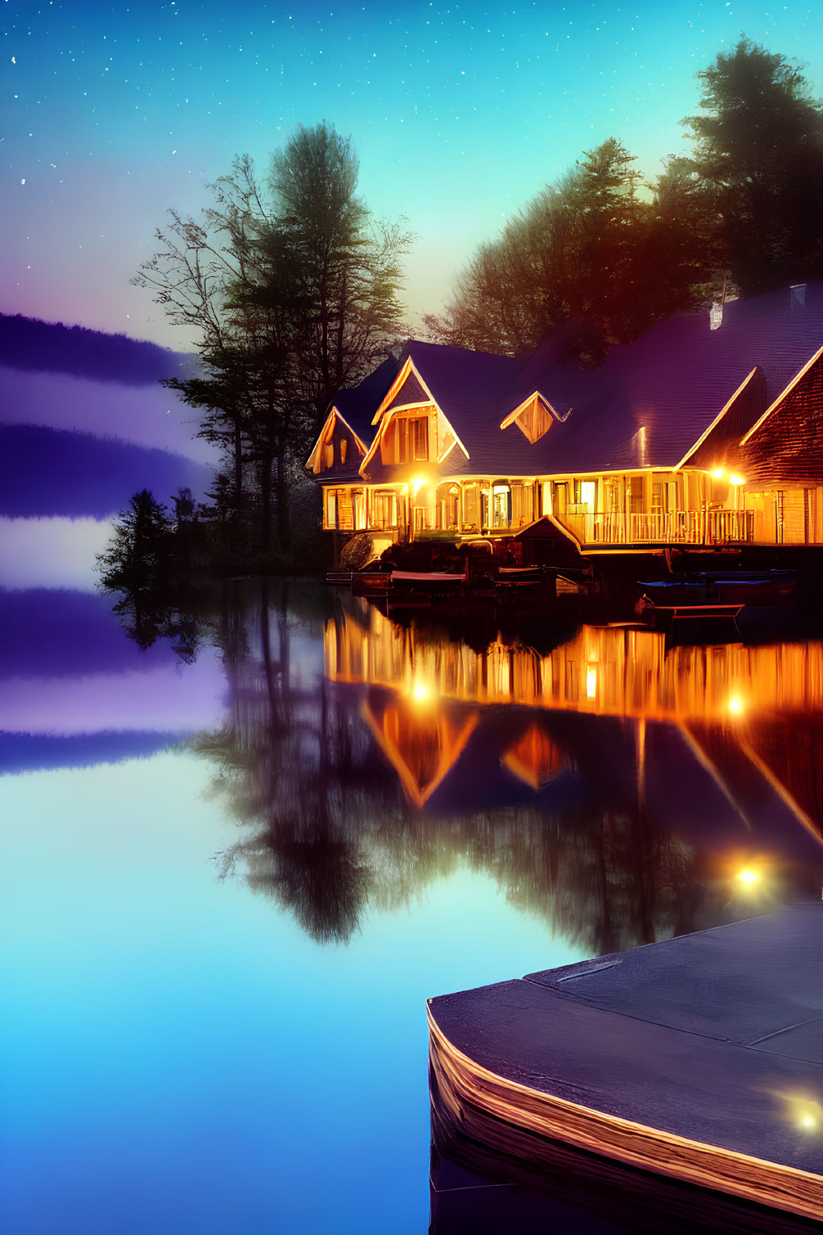 Twilight lakeside cabins with starry sky and dock