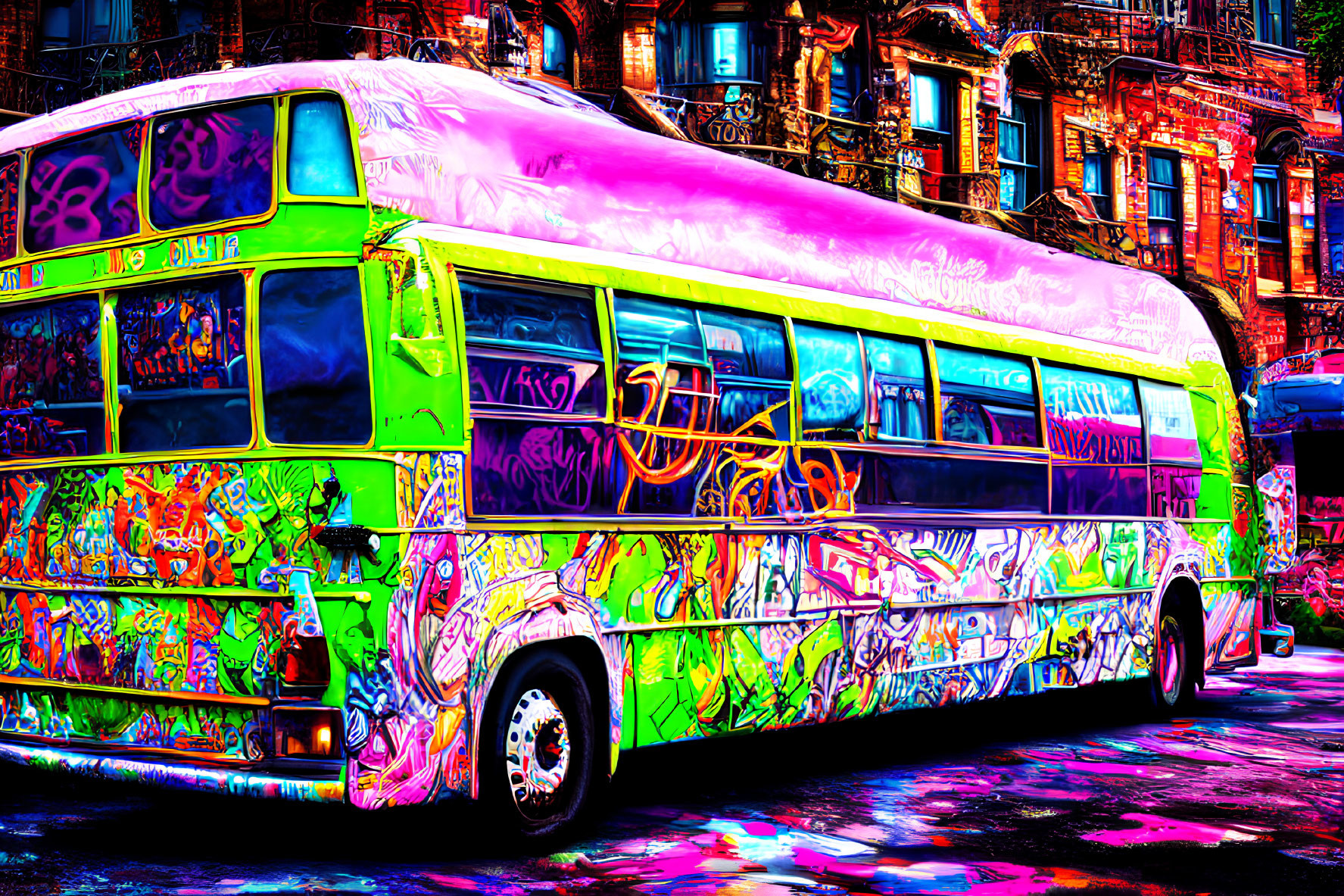 Colorful graffiti art bus parked on street with ornate buildings in high-contrast filter