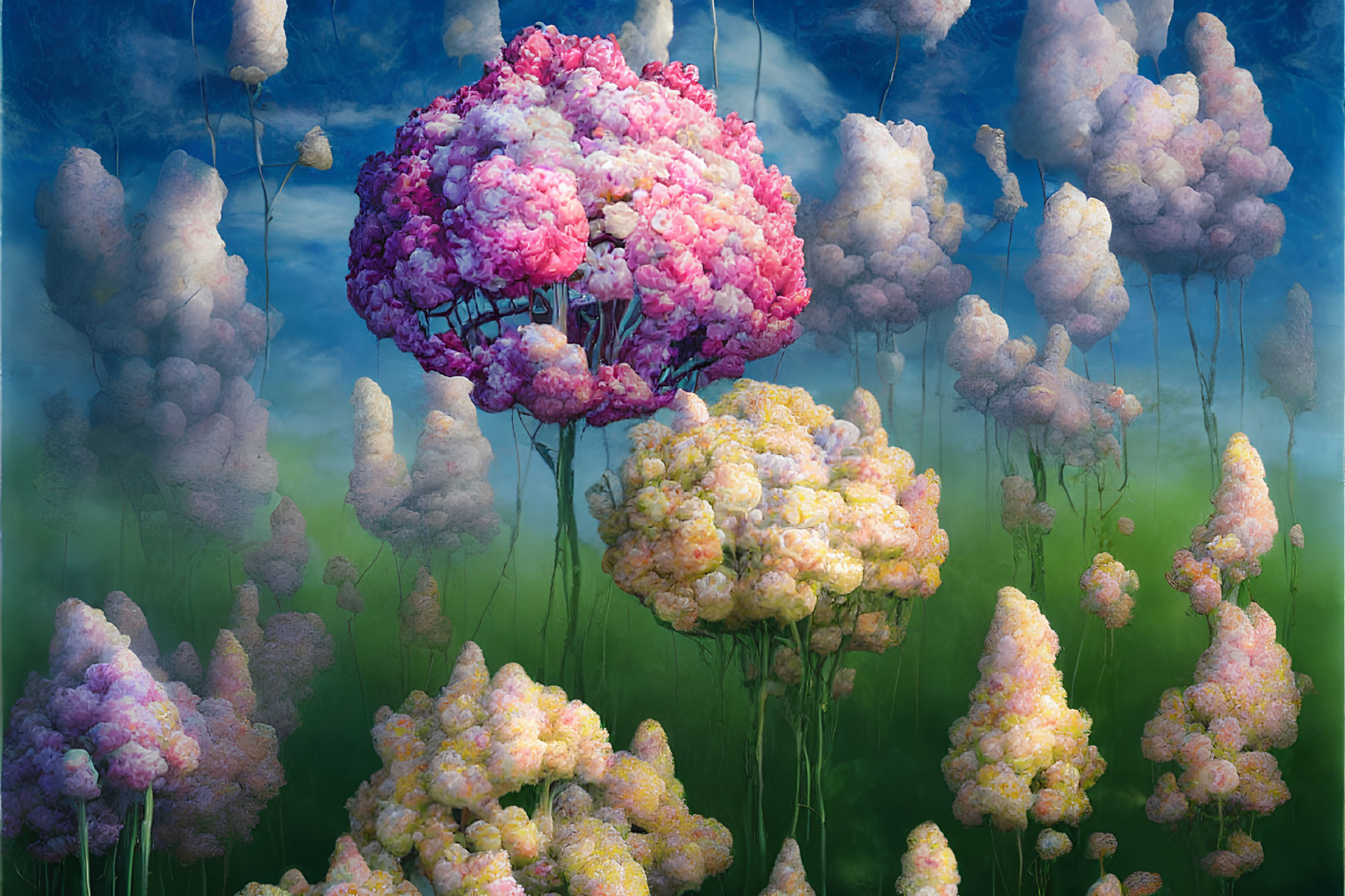 Vibrant cotton candy trees in surreal landscape