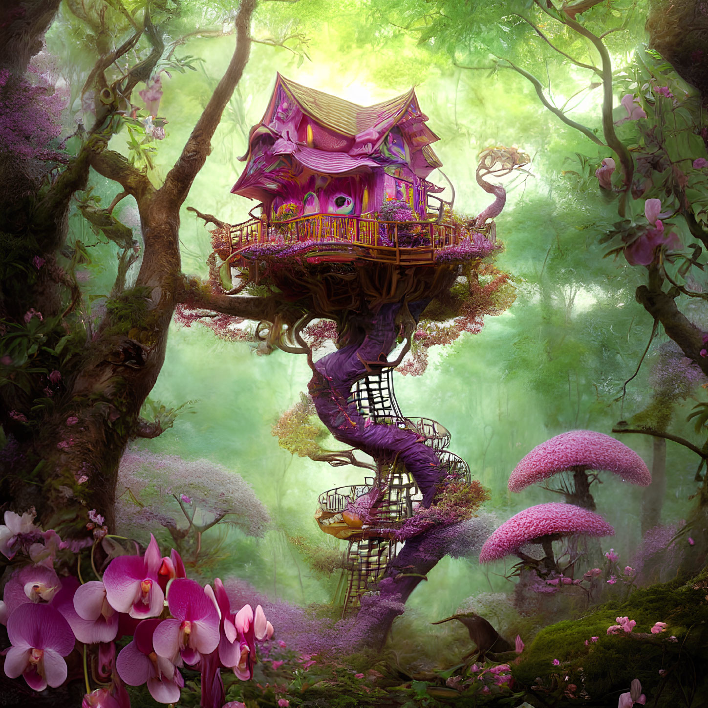 Purple Treehouse in Enchanted Forest with Spiral Stairs & Pink Mushrooms