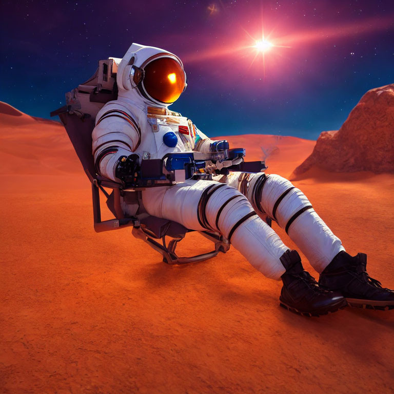 Astronaut in white spacesuit on futuristic chair with Mars-like background