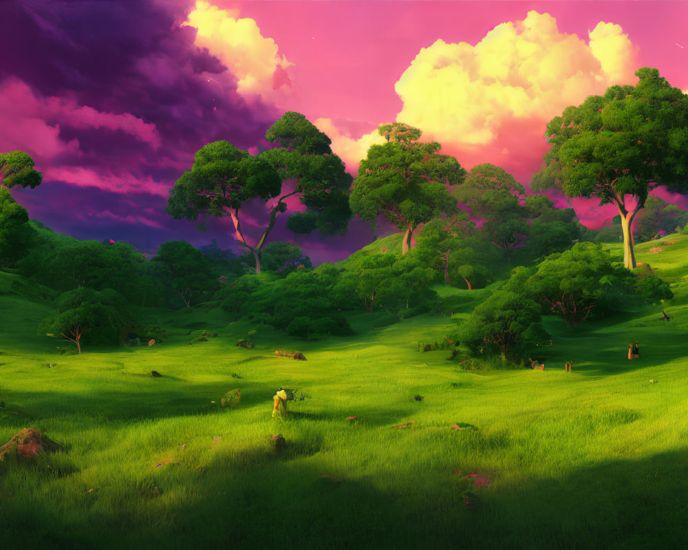 Colorful Landscape with Green Hills and Pink-Purple Sky