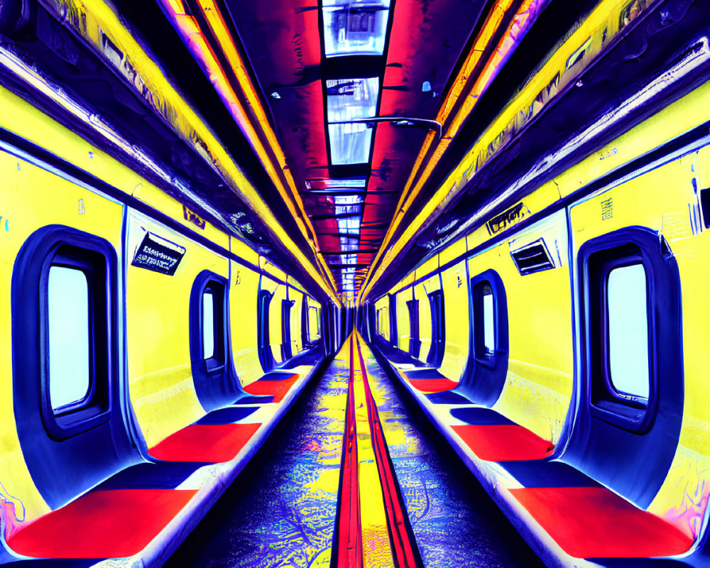 Colorful psychedelic train interior with dramatic perspective and abstract floor patterns.