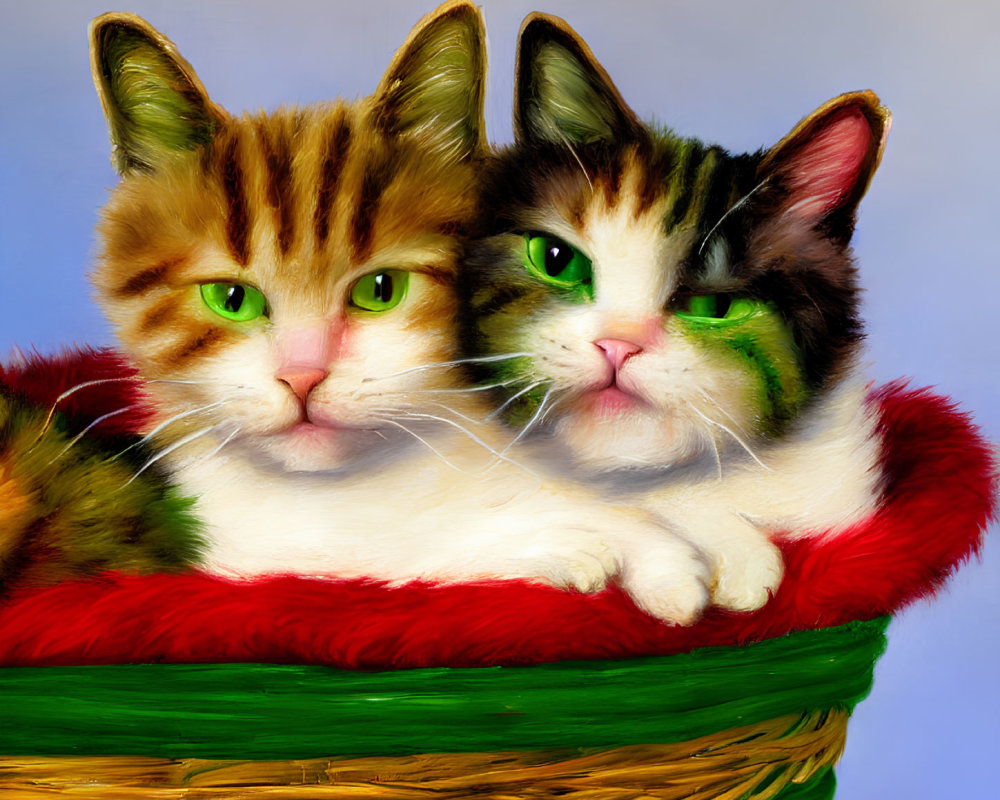 Two Cats with Green Eyes Resting in Basket with Red Lining