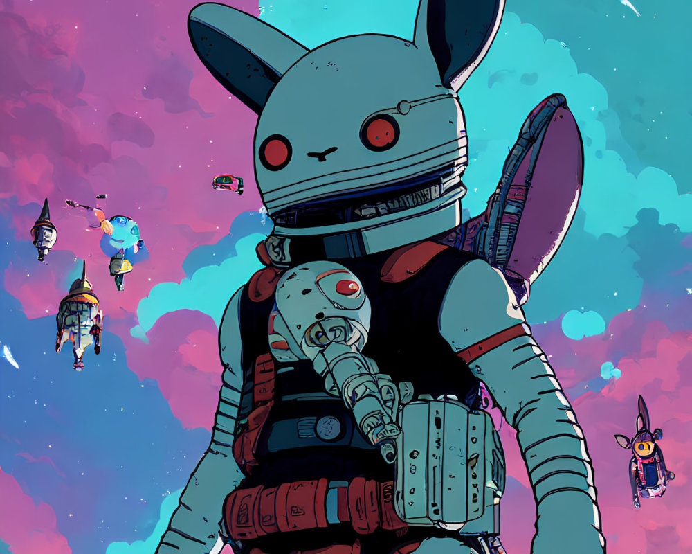 Colorful Rabbit Astronaut Surrounded by Floating Characters in Space