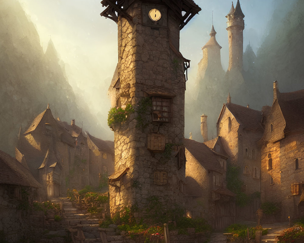 Medieval village with clock tower, stone houses & misty mountains