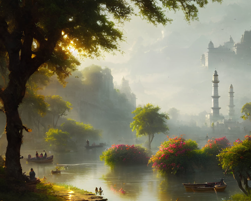 Tranquil river scene at dusk with boats, flowering trees, ancient buildings, and warm sun glow