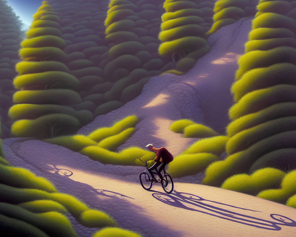 Cyclist riding through lush forest with stylized conical trees and long shadows