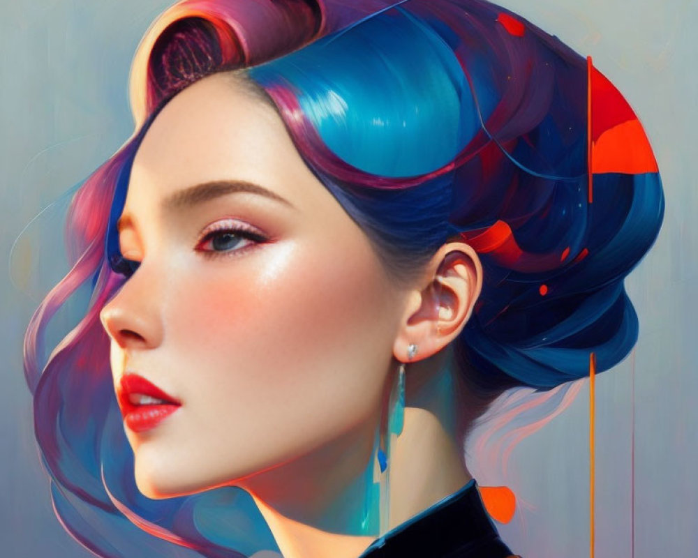 Colorful Digital Portrait of Woman with Blue and Purple Stylized Hair