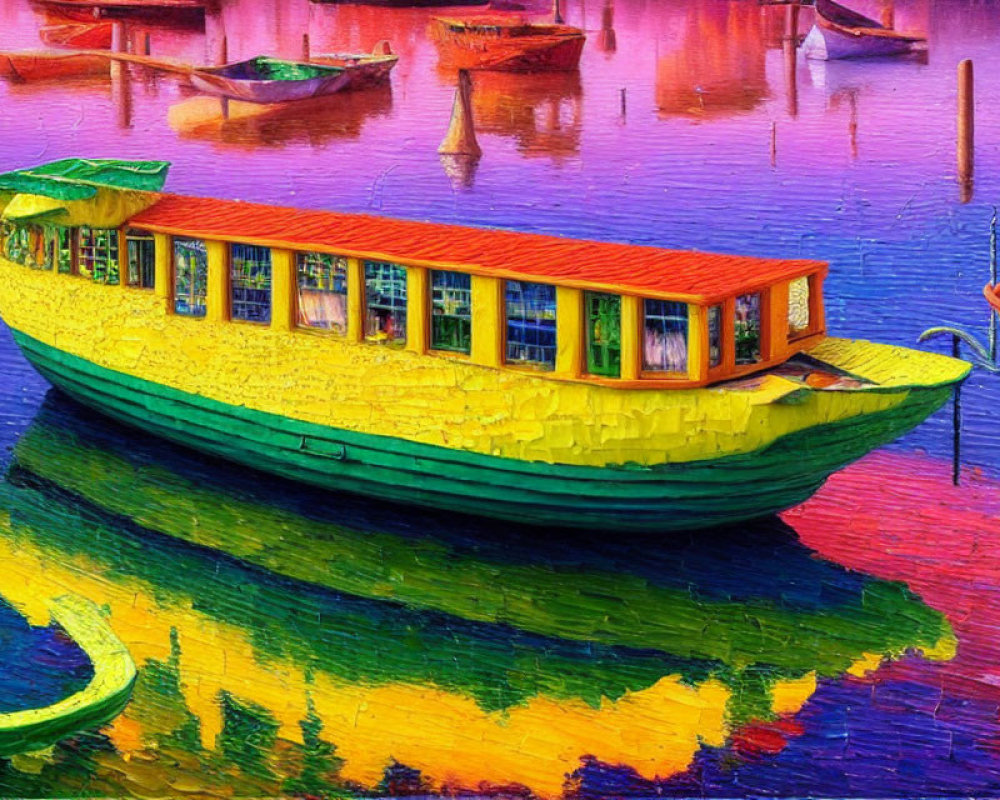 Colorful painting of yellow and green boat on reflective water surface