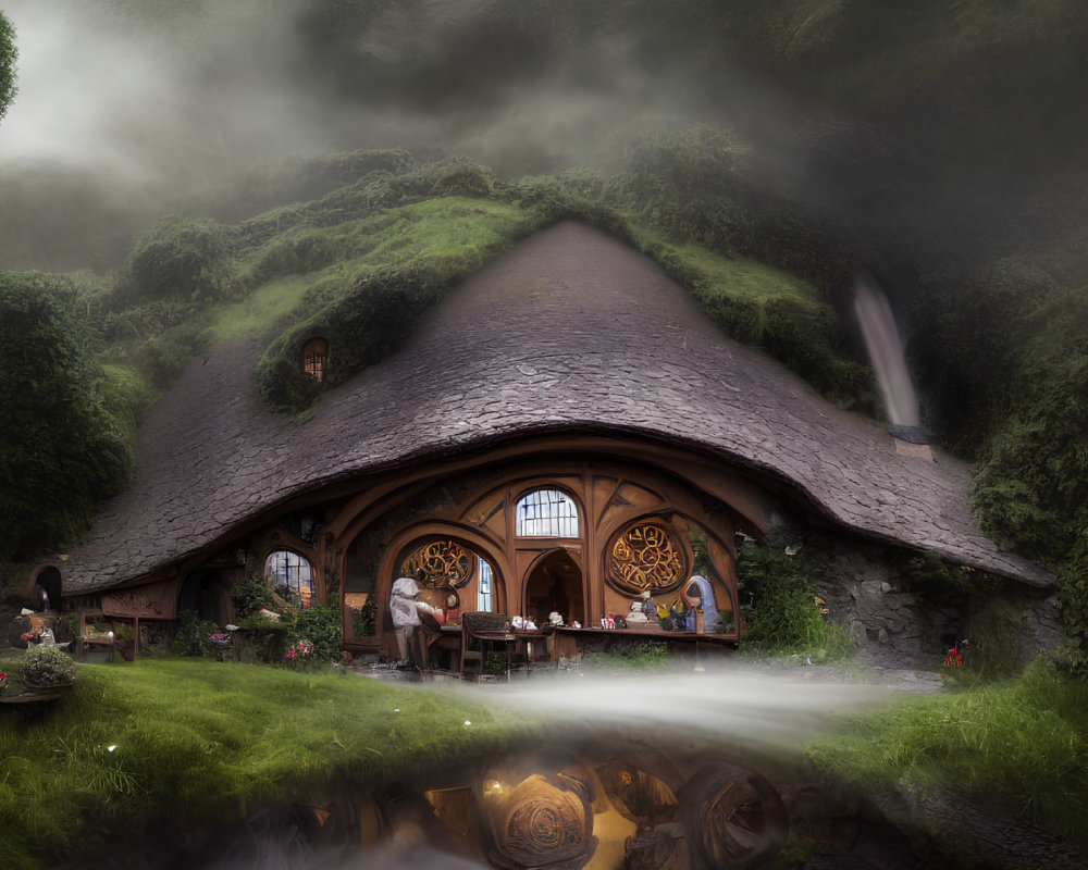 Whimsical cottage with thatched roof in mystical forest