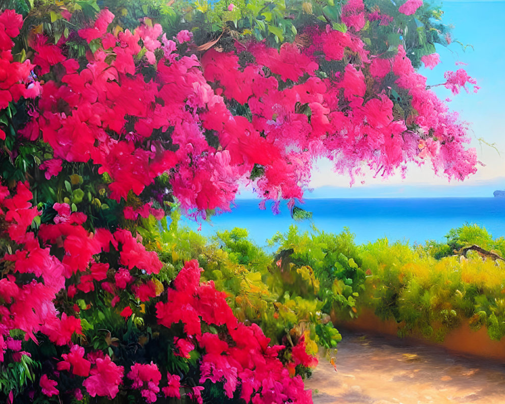 Pink Flowers Blooming on Trees by Blue Sea