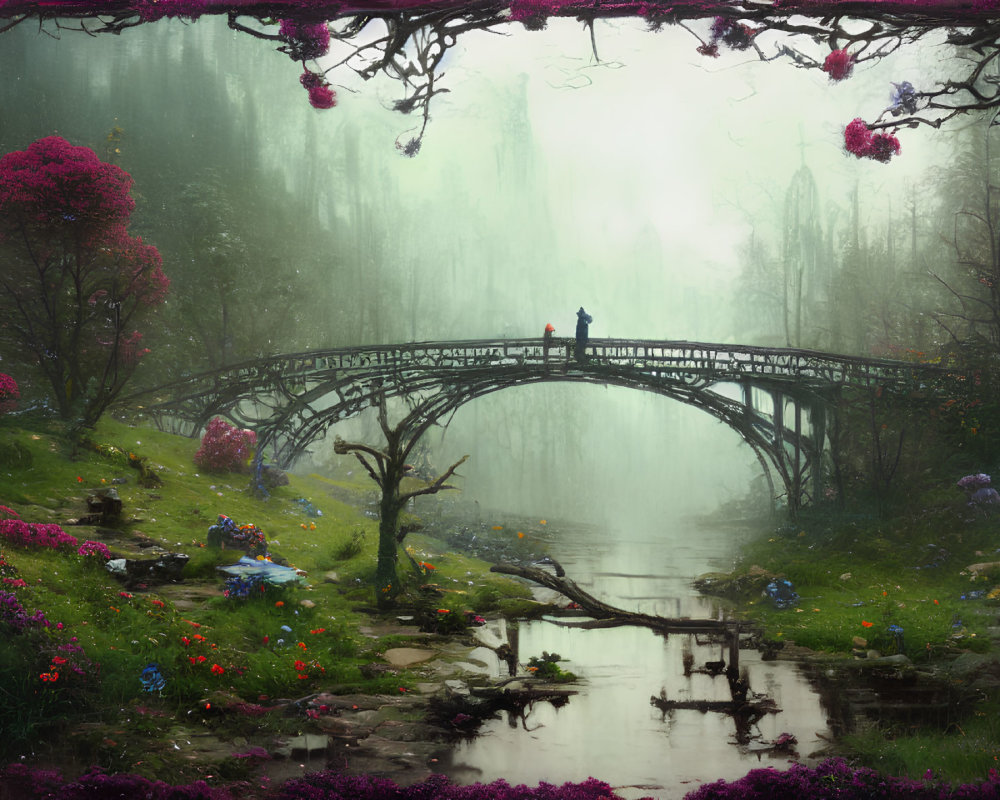 Person standing on wooden bridge in mystical forest with blooming trees