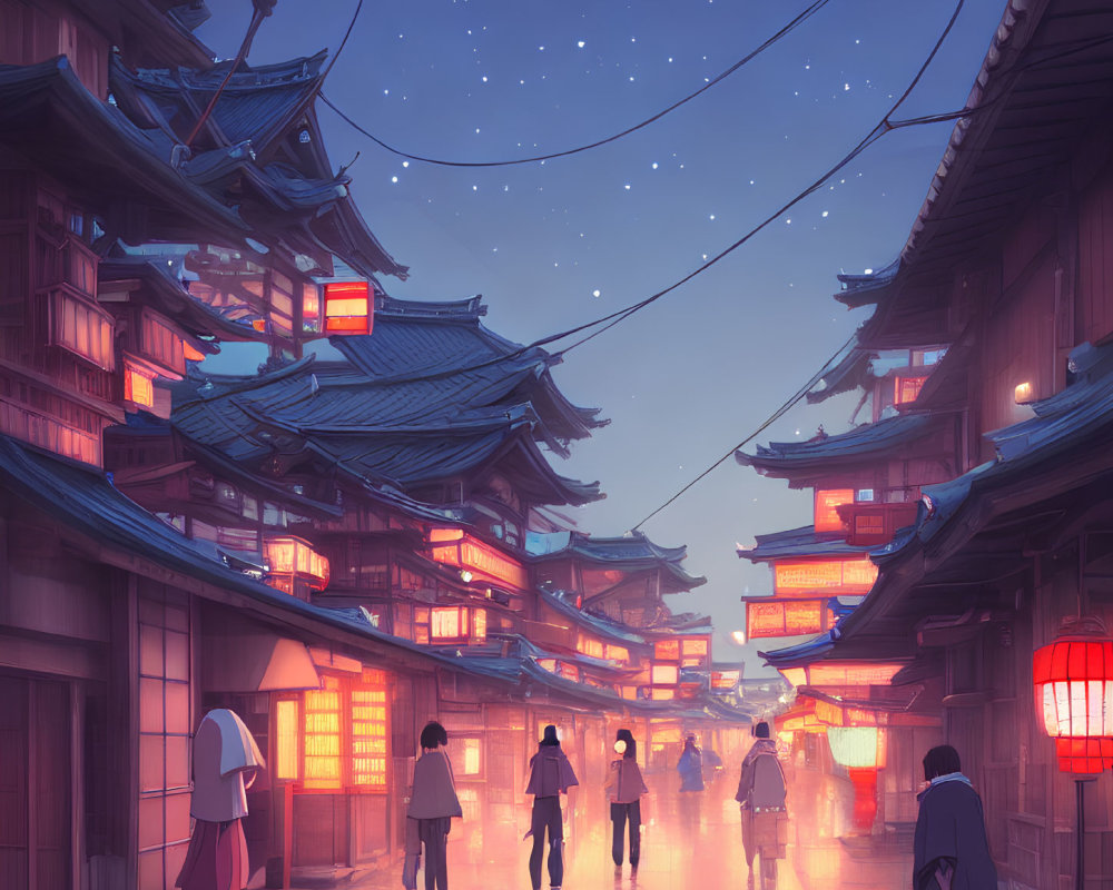 Tranquil Asian-inspired town at twilight with traditional buildings and hanging lanterns