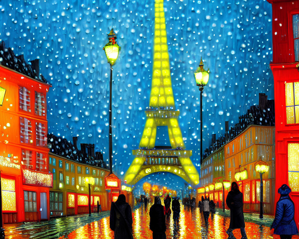 Illustration of snowy Paris evening with Eiffel Tower and pedestrians