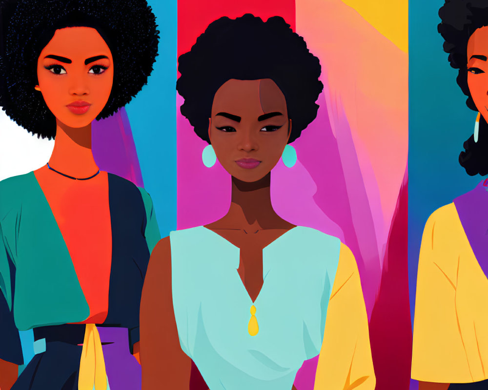 Stylized female figures in modern attire against geometric backdrop