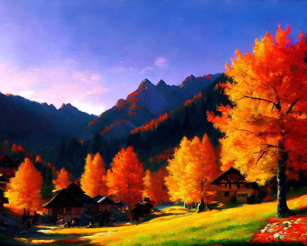 Fiery red and orange autumn foliage with mountain backdrop