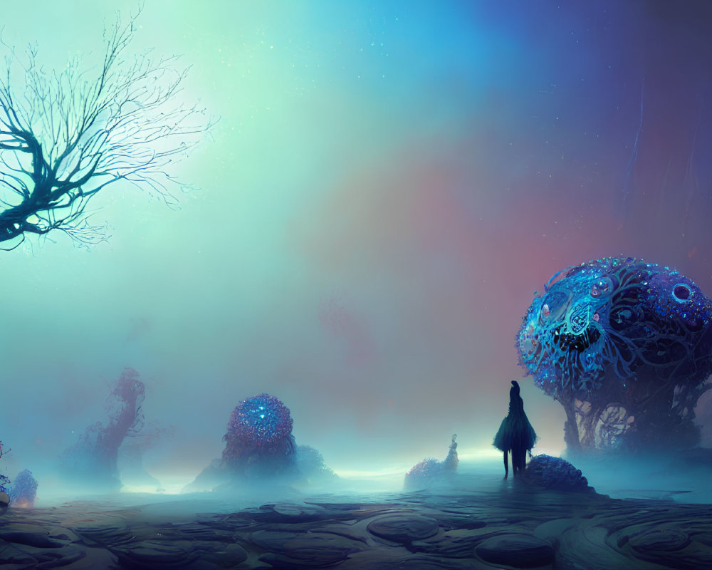 Surreal landscape with mist, vibrant sky, and otherworldly flora.