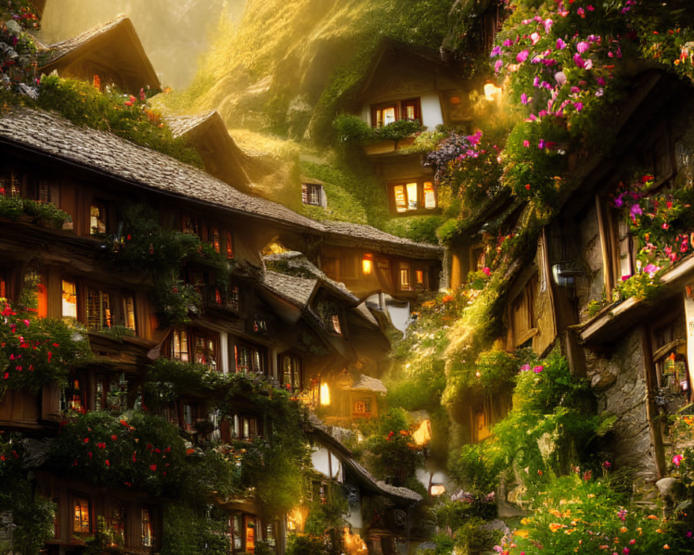 Charming mountain village with cobblestone paths and traditional houses adorned with flowers