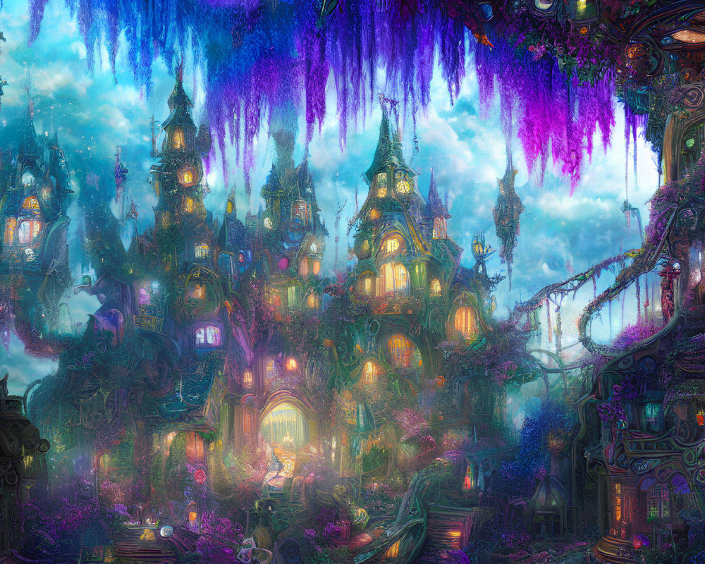 Fantasy Landscape with Whimsical Houses and Purple Flora