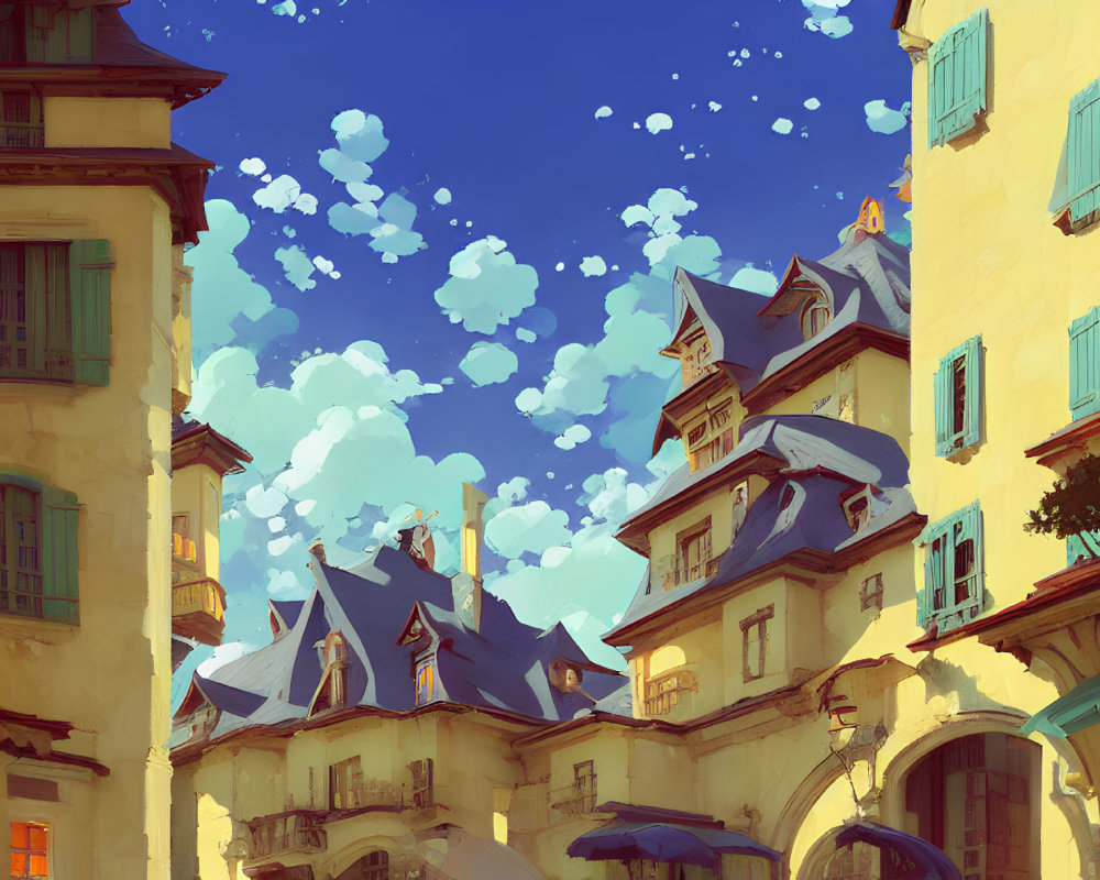 European-style buildings under blue sky with whimsical clouds